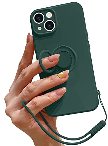 Pepmune Compatible with iPhone 15 Case Liquid Silicone with Ring Holder,Detachable Wrist Strap,Magnetic Car Mount Kickstand,Shockproof Cover Protective Phone Case-Blackish Green