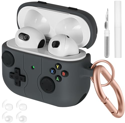 AXFEE AirPods 3 2021 Custodia Cover, con Kit di Pulizia e Moschettone, Retro Handheld Game Console Design, Case Protettiva Antiurto in Silicone Morbido, per Apple AirPods 3 Custodia- Grigio
