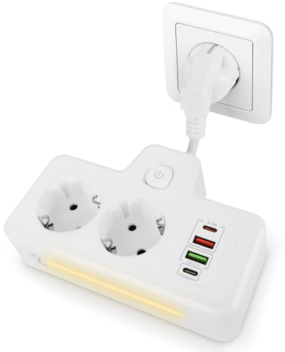 Fiotha Steckdosenleiste mit USB,Doppelstecker für Steckdose mit Schalter,6-in-1 Steckdosenadapter AC,2 Fach Doppelstecker mit LED-Nachtlicht Wandmontage,Mehrfachsteckdose,für Büro,Hause,Reisen,(Weiß)