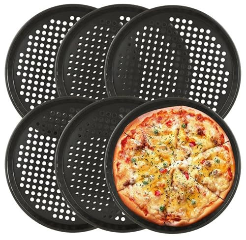 GBACHOOSE 6 Pack Pizza Tray, 12 inch Non Stick Pizza Trays with Holes, Carbon Steel Pizza Pan, Round Pizza Oven Tray for Home Kitchen Oven Baking, Black