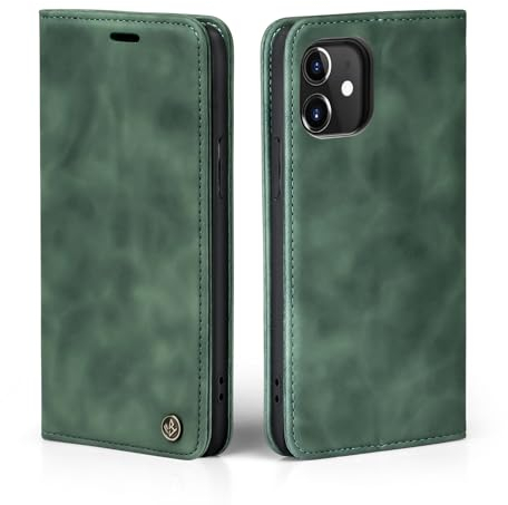 LBH Handyhülle für Apple iPhone 12 in Grün mit Karten- und Geldfach Smartphone Hülle mit Standfunktion Flip Case Schutzhülle Magnetverschluss Vintage