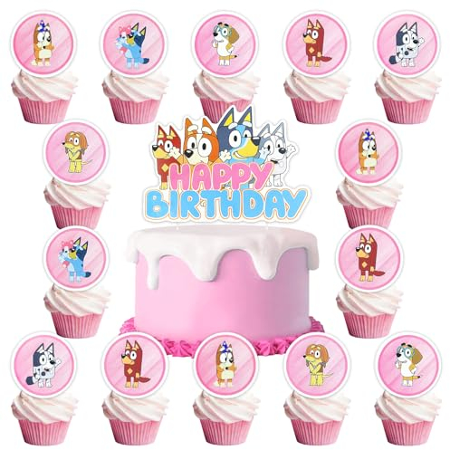 25 Stück Rosa Tortendeko, Happy Birthday Dog Tortendeko Kuchen Deko Geburtstagsdeko Geschenke Schulkind Cupcake Topper Tortendeko Geburtstag für Mädchen Jungen Kinder Cake Toppers Blue Pink 25 Pcs