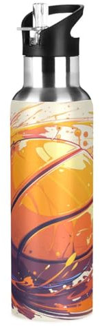 Wzzzsun Joli Ballon De Basket Sport Isotherme Bouteille d'eau avec Paille, Gourde Sport en Acier Inoxydable 600ML Gourdes sans BPA pour Enfant Garçon Fille École Bureau