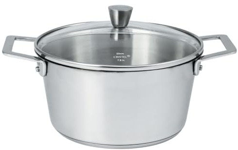 Cristel | Faitout En Inox Brossé Avec Anses Fixes Polies Et Couvercle En Verre Bombé 24cm