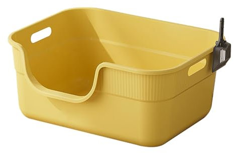 Open Top Cat Litter Tray, Compact Cat Litter Tray, Sandbox with Hollow Handles, with Litter, U-shaped Lowered, Yellow
