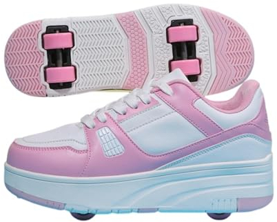 Mateju 2-in-1 Rollschuhe für Jungen und Mädchen - Kinder Turnschuhe Mit 4 Versenkbaren Rollen, Skateboardschuhe, 35 EU Rosa