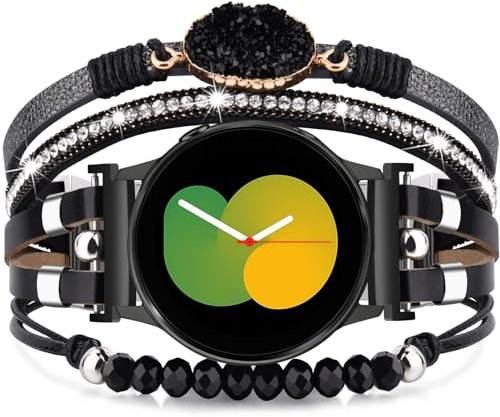 VISOOM Kompatibel mit Samsung Galaxy Watch 7 6 5 4 Armband,20mm Beaded Boho Frauen Leder Niedlich Multilayer Wrap für Watch 4/5/6/7 40mm 44mm/Classic 43mm 47mm 42mm 46mm/5 Pro 45mm,Black