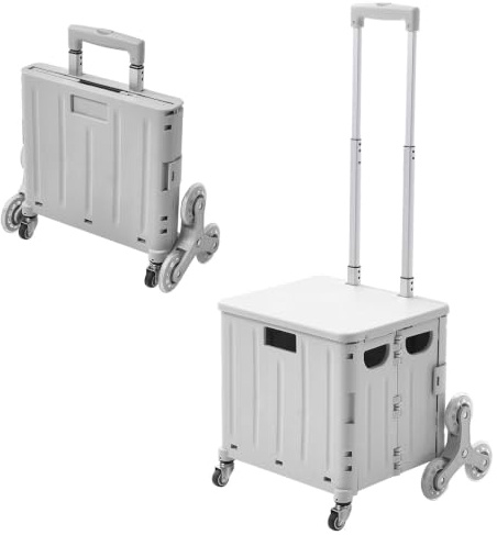 The Fellie Lightweight Stair Climber Foldable Shopping Trolley, 45L Shopping Cart on 8 Wheels, Portable Crate Handcart with Adiustable Telescopic Aluminium Handle and Lid Grocery Trolley(30kg, Grey)