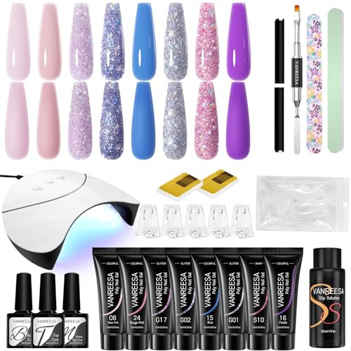 VANREESA Kit Uñas de Gel, 8 Colores Acrilico para Uñas Profesional con U V Lámpara, Set Manicura con Mate Top Base Coat Regalos para Mujeres