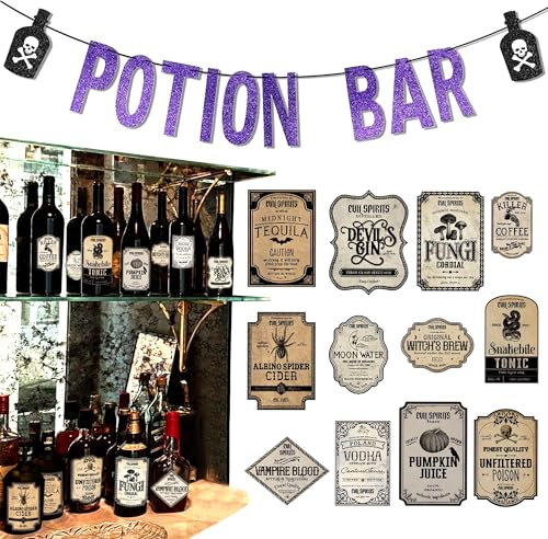 JeVenis Halloween Potion Bar Banner Spooky Witch Potion Labels Stickers for Glass Bottles Vintage Bar Banner Potion Bar Table Signs Party Supplies Halloween