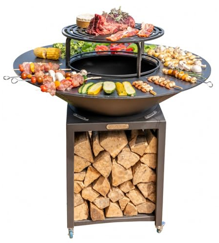 Mon Mobilier Design Fiesta Brasero Haut avec Plaque et Grille Amovible en Acier Barbecue plancha extérieur Ø 100 cm