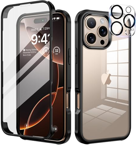 seacosmo für iPhone 16 Pro Hülle mit eingebautem Panzerglas Displayschutz und Kamera Schutzfolie [9H HD], 360 Grad Handyhülle Ganzkörper Stoßfeste iPhone 16 Pro Case - Schwarz