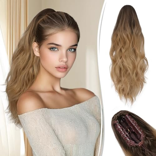 RUWISS Coleta Postiza pelo Natural con Pinza, Cola de Caballo Extensiones Ondulado 45 cm Coleta Postiza Rizada Larga Extensione de Cabello Coleta Sintética para Mujeres Castaño Ceniza a Rubio