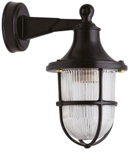 Licht-Erlebnisse Aussen Wandlampe Messing Riffelglas H: 27 cm IP64 Schwarz E27 Maritim Außenleuchte Haustür Beleuchtung Außenlampe Wand Balkon