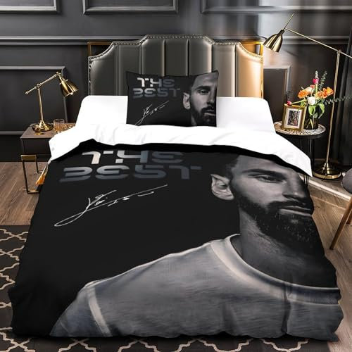 ZZBNECAKE Messi Bettbezug Set Mädchen Junge Kinder 3D Gedruckter Fußball Bettwäschegarnitur Reissverschluss Bettwäsche Weich Microfaser Und Kissenbezüge 2 Teilig Single(135x200cm)