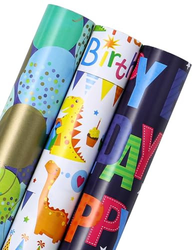 WRAPAHOLIC Dinosaurier-Geburtstags-Geschenkpapierrolle – Mini-Rolle – 3 Rollen – 43,2 x 304,8 cm pro Rolle – Happy Birthday Geschenkpapier für Kinder, Jungen, Geburtstag, Babyparty,