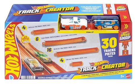 Hot Wheels Track Creator Pack de pistas deluxe Conjunto de pistas con coches de juguete, conjunto con dos vehículos metálicos a escala 1:64, 7,6m de pistas Speed Snap de diferentes longitudes, JDW42