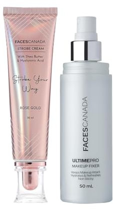 Strobe Cream | Primer + Highlighter + Moisturizer | Shea Butter & Hyaluronic | Flawless Dewy Skin | & Glowing Makeup Base (Rose Gold Strobe Cream (30ml) & Makeup Fixer (50ml), 80ML)