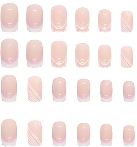 24PCS Rectangular Fake Nails, White French False Nails, Elegant Touch Nail Set with Jelly Glue and Rubbing Strips, Acrylic Nail Set, Female Nail Art Accessories, Bow Tie and Pearl Shaped Nails