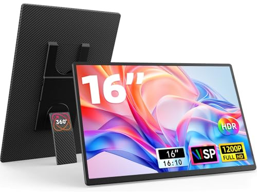 DZVW 16 Portable Monitor for Laptop - 1200P FHD Laptop Screen Extender HDMI USB C HDR Travel Dual External Display with Stand Gaming Monitor for Windows MAC Computer Switch Phone Xbox PS4/5