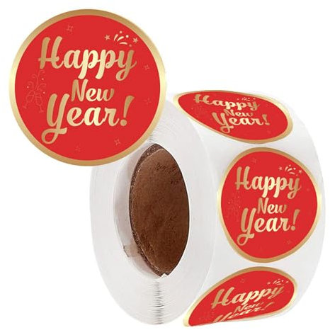 500 Stück Happy New Year Aufkleber, 38 mm, rund, selbstklebende Verpackungsetiketten für Umschläge, Weihnachtskarten