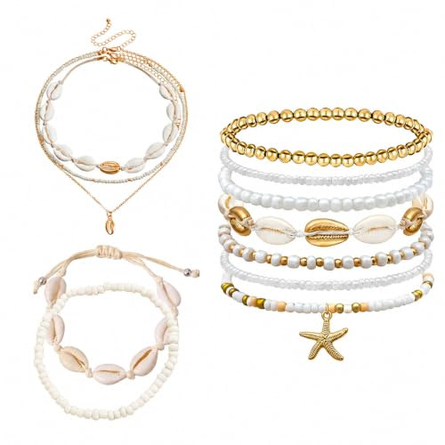 KUBDPQOR Muschelkette Damen Set – Boho Schmuck Set mit 3 Halsketten, 7 Armbändern, 2 Fußketten – Sommer Accessoires – Weiß/Bunt – 12-teilig