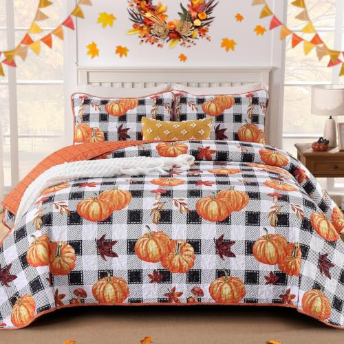 Herbst-Bettwäsche-Set für Queen-Size-Bett, Thanksgiving Kürbis Ahornblätter | Herbst-Tagesdecke, kariert, weich, wendbar, mit 2 Kissenbezügen, 274 x 228 cm, Orange / Schwarz / Weiß