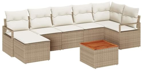 vidaXL 8-teiliges Garten-Sofa-Set mit wetterfesten Kissen in Beige, aus Poly-Rattan und Akazie. Ideal für die Outdoor-Lounge und entspannte Stunden auf deiner Terrasse.
