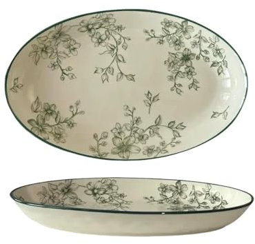 YLCYDLYU Platos Vajilla Juego De 2 Platos De Cerámica Vintage con Flores Verdes para Vajilla De Restaurante Y Hogar.-E-30,5 x 15 x 3,8 cm-A