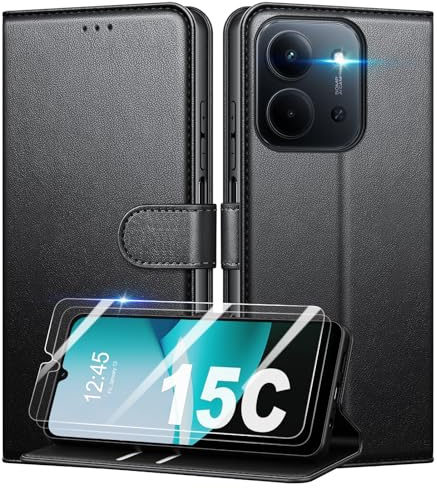 Mofurd Handyhülle für Xiaomi Redmi 15C 4G/ 5G (for Size: 173 x 81 x 8.2 mm) Hülle Mit 2 Panzerfolie, [RFID-Blockierung] [Kartenfach] [Ständer] Premium PU hülle Panzerglas, Multifunktional, Schwarz