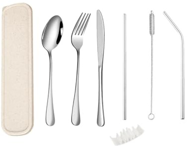 QZLSAYSL Travel Cutlery, Reusable Cutlery Box, Suitable for School, Travel, Camping - 8-Piece Set (Beige)