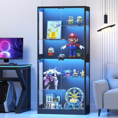 Lamtor 69 Glass Display-Cabinet with Adjustable Shelves – RGB LED Lights Curio Cabinet with Tempered Glass Doors, Magnetic Closure, for Collectibles & Living Room, Black
