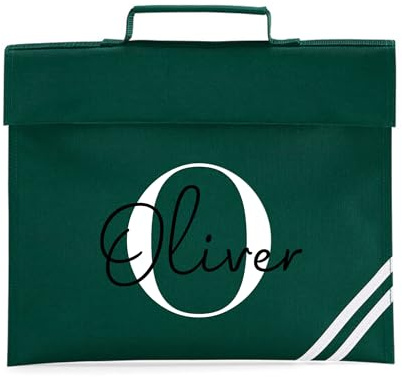 eBuyGB Personalised Book Bag with Name & Initial, Kids Back to School Bag, Unisex Nursery, Primary School Bookbag, Children's Name Music Folder (Green)