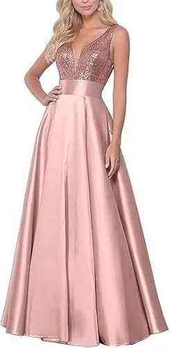 V-Ausschnitt Abendkleider Elegant für Hochzeit A Line Pailletten Satin Lang Brautjungfernkleider mit Schlitz