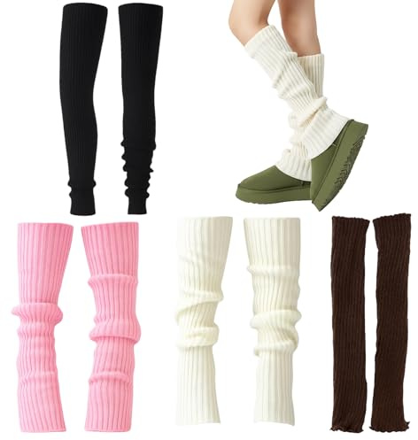 DXPETA Leg Warmers, 4 Pairs of 80s Style Ribbed Knit Leg Warmers for Women and Girls, Soft and Stretchy Knee High Socks for Ballet Dance Yoga Ice Skating Winter Fashion, 40 cm x 7 cm