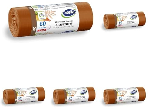 Stella 035175 Müllbeutel mit Henkeln zur Bio-Mülltrennung | 60 L | 14 Stück | Müllsack Mülltüte Abfallsäcke für Den Hausmüll Büro aus dicker LDPE-Regranulatfolie Farbe: Braun (Packung mit 5)