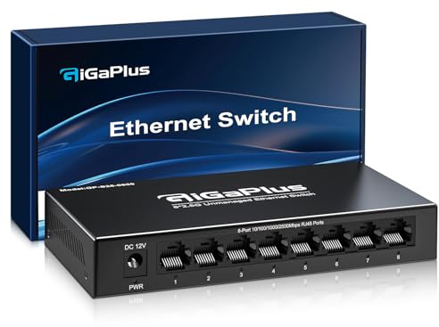 8 Port 2.5Gb Unmanaged Ethernet Switch with 8* 2.5G Base-T Ports. GiGaPlus 2.5Gbps Network Switch for 2.5Gbps NAS/PC, WiFi6 Router, Wireless AP. Fanless Design, Plug and Play
