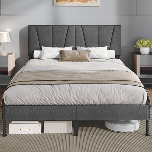 Hzuaneri Polsterbett 140 × 190 cm, Bettgestell, Doppelbettgestell mit Gepolstertem Kopfteil, Doppelbett mit Lattenrost aus Metall, Bettgestell Geeignet fürs Schlafzimmer, Dunkelgrau, BF40199B