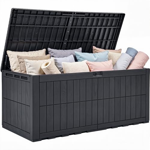 YITAHOME 833L Auflagenbox Wasserdicht, Große Gartenbox mit Schloss & Gasdruckfeder, Kissenbox mit Sitzfunktion bis 300 kg, Wetterfeste Resin Gartentruhe, UV-beständig & Belüftet, Dunkelgrau