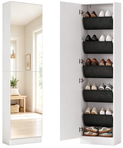 HOMCOM Schuhschrank mit Ganzkörperspiegel 12 Paar 50 x 20 x 180 cm Weiß | Schmale Schuhkommode, 2 Umkehrbare Türen, Ablagen aus Vliesstoff, Schuhregal mit Soft-Close-Funktion, für Eingang, Flur