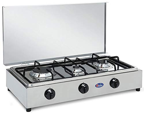 Hornillo de mesa de acero Parker con 3 fuegos con tablero extraíble para la limpieza Alimentación Gas GLP (bombona) Válvula de seguridad para uso interior