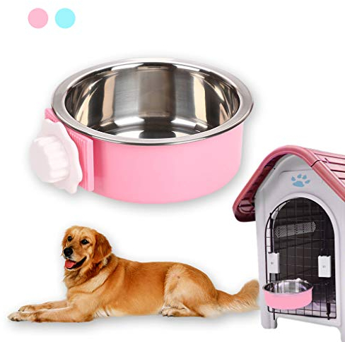 Dog Hanging Bowl 2-in-1 Removable Stainless Steel Food Hanging Bowl for Puppy/Cat, Andiker Pet Bowl Hanging Cage Large Water Food Feeder for Dogs Cats (small, pink)