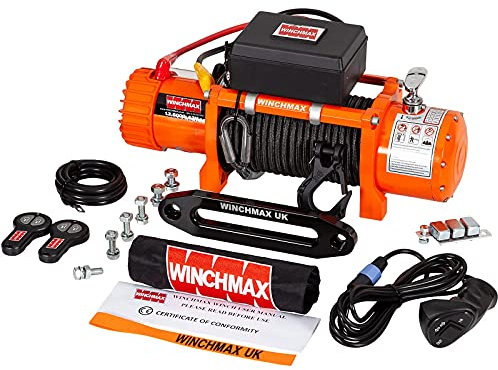 WINCHMAX 13,500lb (6,123kg) Original Orange 12v Electric Winch. 25m x 10mm Armourline Synthetic Rope, 3/8 Inch Tactical Hook..
