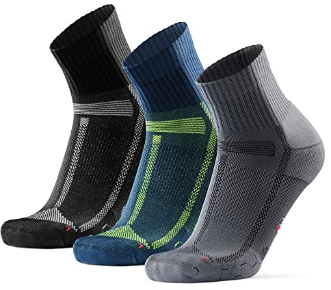 DANISH ENDURANCE Chaussettes de Running Longue Distance, Anti-Ampoules, Soutien Voûte Plantaire, 3 Paires, Multicouleurs (1x Blue/Jaune, 1x Gris/Noir, 1x Noir/Gris), 43-47