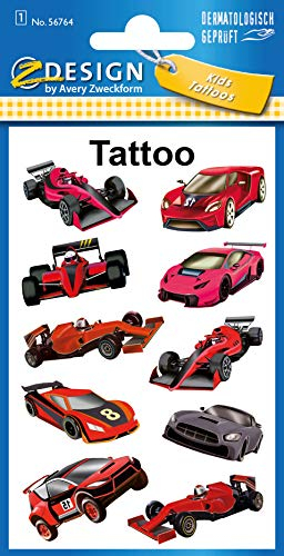 AVERY Zweckform 10 Tattoos Kinder Rennwagen (Temporäre Tattoos Rennauto, wasserfeste Kindertattoos, hautfreundliche Klebetattoos, Aufkleber für Jungen Mitgebsel Kindergeburtstag Party) 56764