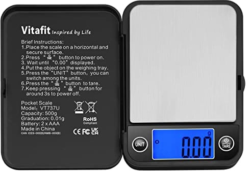 Vitafit Balance de Precision 500g/0.01g, Balance de Poche Électronique avec Écran LCD, Balance digitale en grammes, Balance de Cuisine avec Fonction de Tare, Noir