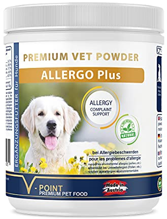 V-POINT ALLERGO Plus für Hunde bei Allergien durch Pollen Gräser Heustaub bei Beschwerden und zur Vorbeugung Premium Kräuterpulver mit Schwarzkümmel Hagebutte Ingwer (250 g)
