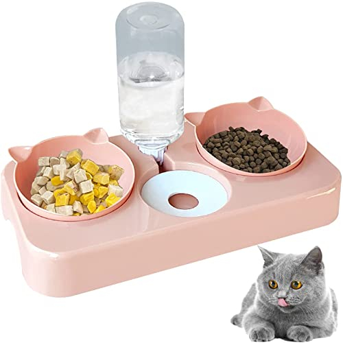 Gamelles Bowl Automatici Abreuvoir Pet Pour Chat - Distributeur d'Eau et de Nourriture Inclinable Avec Protection du Cou (Rose)