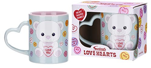Posh Paws Swizzels Love Hearts 11OZ Bronte The Bear I Love You Heart Shaped Handle Ceramic Mug, Blue (37752)