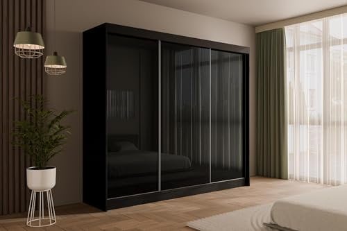 ALTDECOR Kleiderschrank mit Lacobel-Schiebetüren, kugelgelagerte Führungsschienen und Aluminium-Leisten - PEKA - 250 cm Schwarz/Schwarz